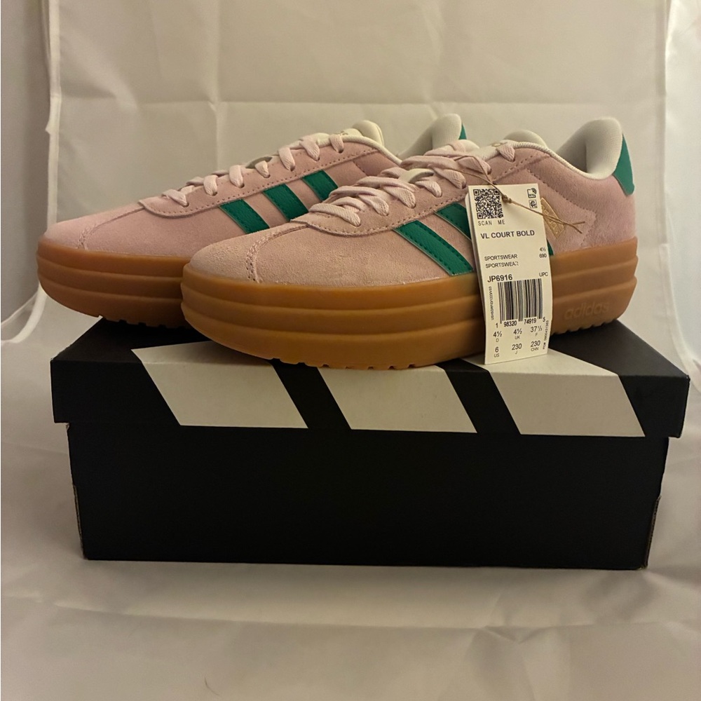 adidas VL Court Bold Pink Suede Sneakers with Green Stripes and Gum Sole
